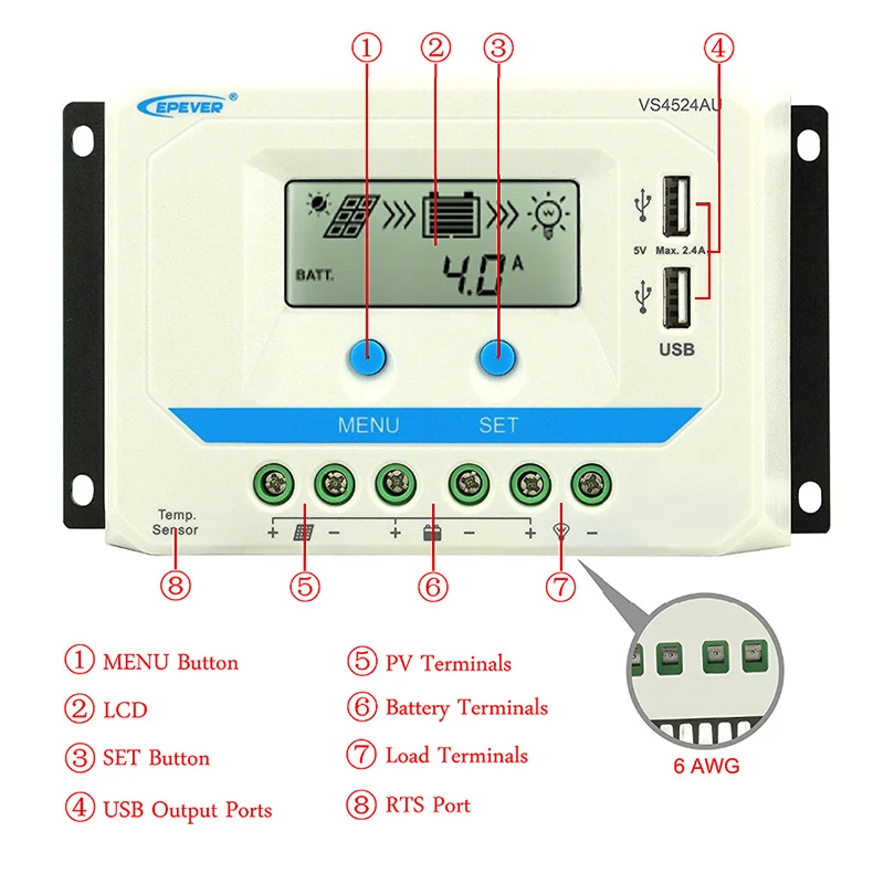 EPever Solar Charge Controller 12V 24V Auto  60A 45A 30A 20A PWM Solar Panel Regulator LCD Display Dual USB ViewStar-AU Series