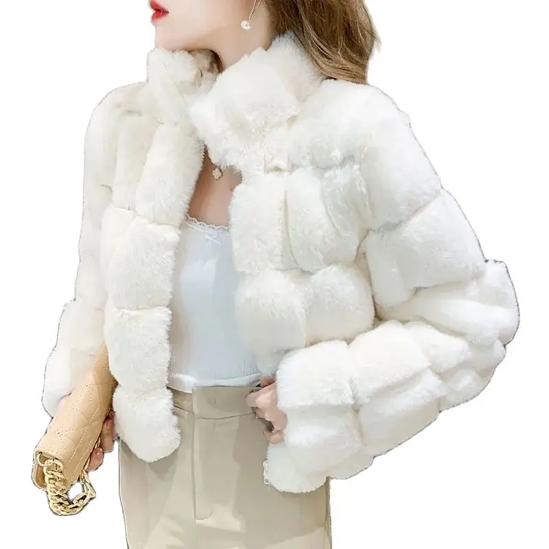 

Winter New Hairy Add Thick Fashion High Collar Warm Imitation Rabbit Fur Women's Coat Lambswool Grain Wool Female Outerwear