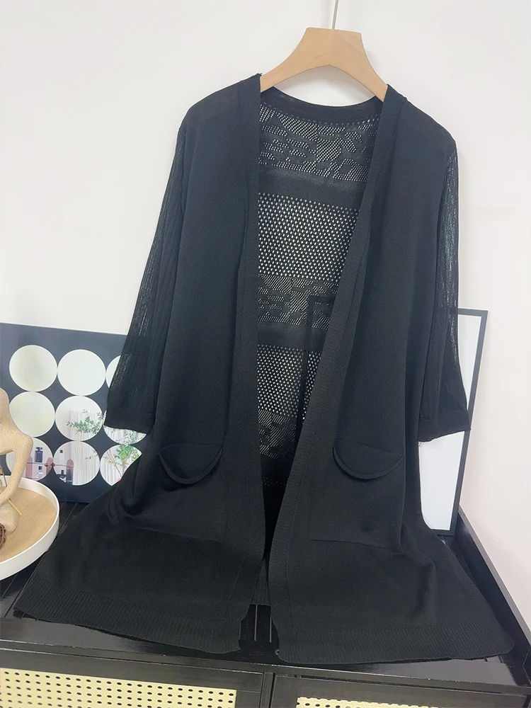 

High Quality Ice Silk Medium Length Knitted Cardigan for Women's Summer Outerwear Shawl Loose Sun Protection Jacket Top