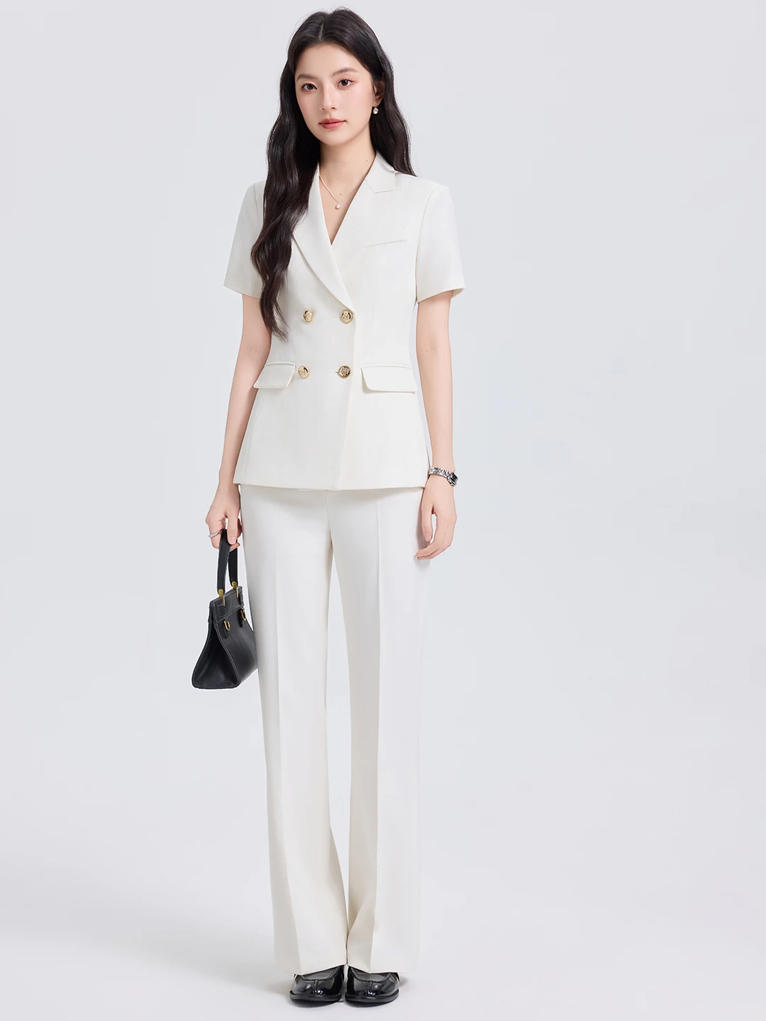 

Elegant Pure Color Commute Professional Suit Set Women's Summer Fashion Waist-Cinching OL Simple -Suit Polyester Fiber