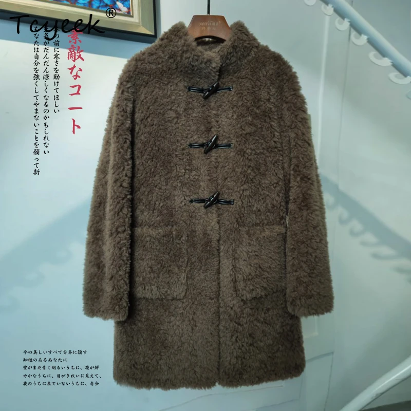 Tcyeek 100% Wool Autumn Winter Korean Version Trendy Standing Collar Medium Length Women's Lamb Wool Fur Coat Fourrures Femme