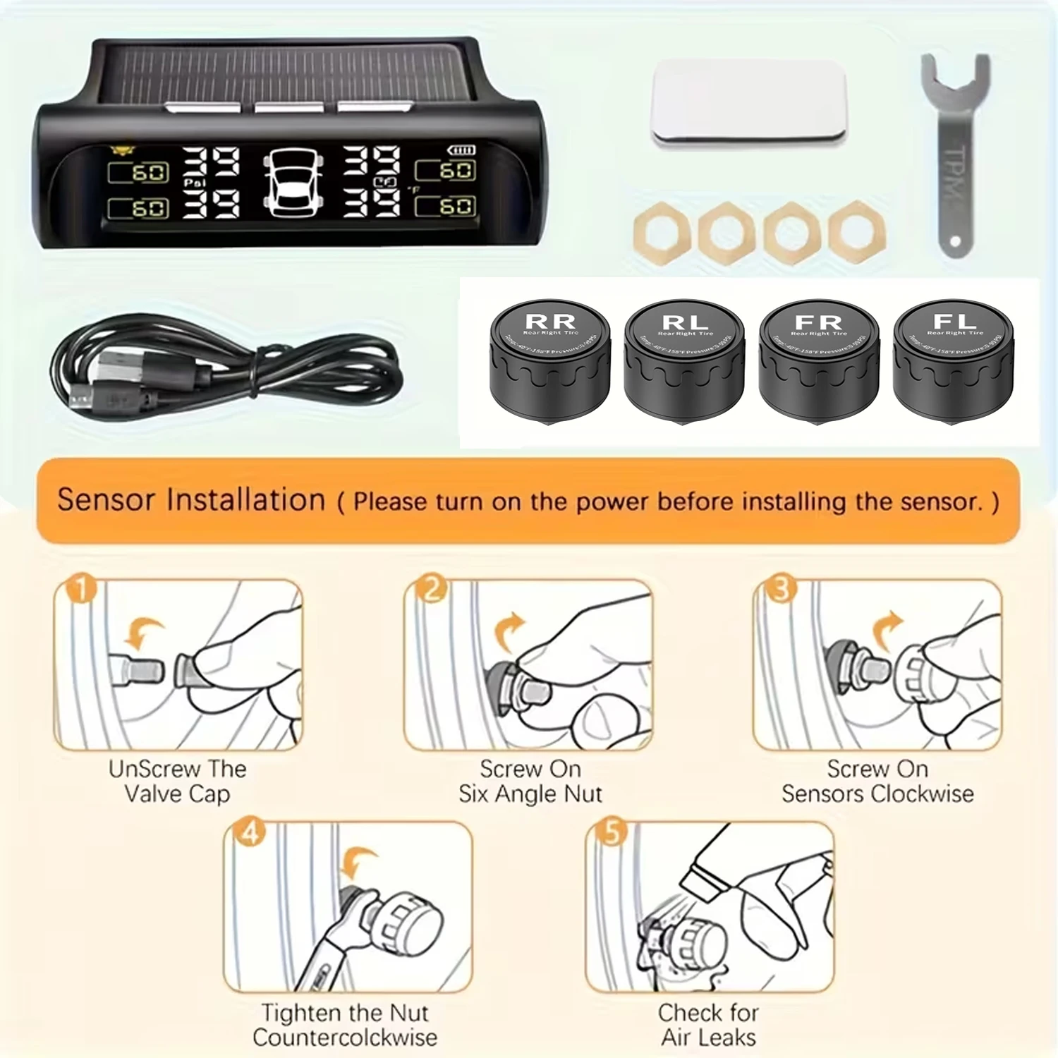 Wireless Solar TPMS Tire Pressure Monitor System with 4 External Tire Valve Cap Sensors, Real Time Bar PSI Temp Display image 6