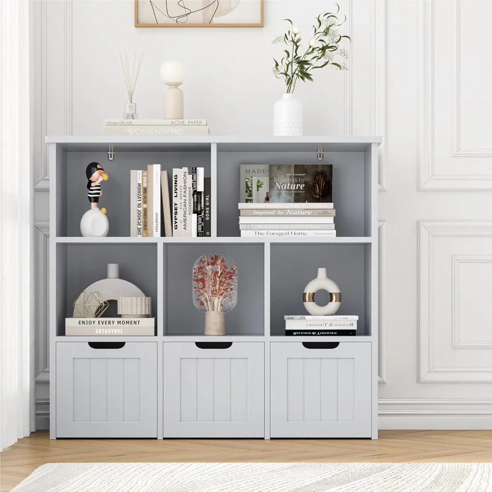 toy storage organizer with 3 movable drawers, floor storage cabinet toy organizer with hidden wheels and 5 storage cubbies, mul