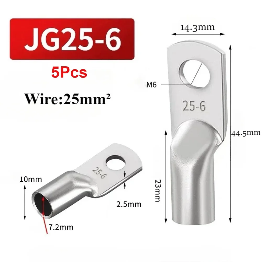 5Pcs JG Series Tinned Copper Cable Lug 14-2AWG 6/10/16/25mm2 Battery Cable Terminal Solid Connector M6/M8/M10/M12