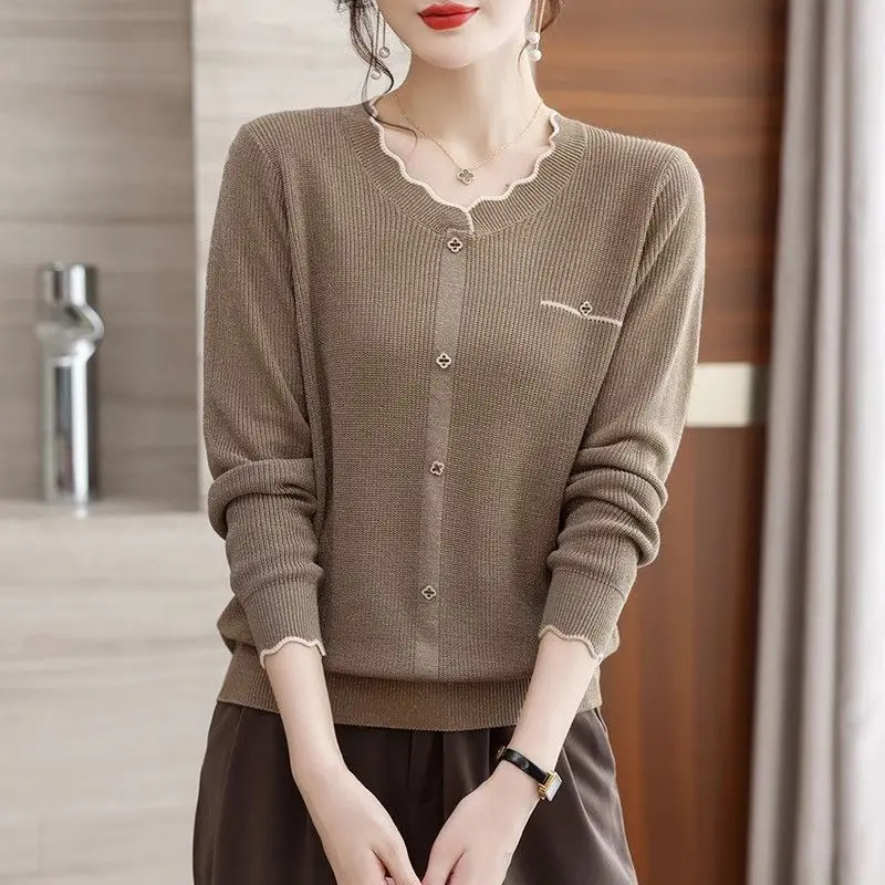 Women Korean Fashion Solid Button Elegant Chic Knitwears Autumn Female Round Neck Long Sleeve Loose Pullover Tops Casual Jumpers