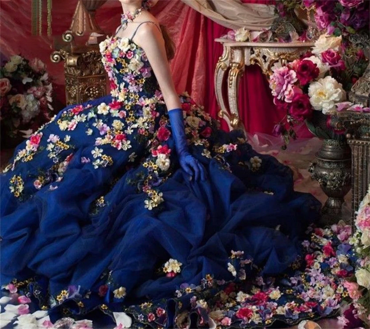 Свадебное платье на заказ, синее Плиссированное Тюлевое Пышное Платье с подтяжками в виде цветов, Листьев, элегантное роскошное платье со шлейфом в деревенском стиле, 2023