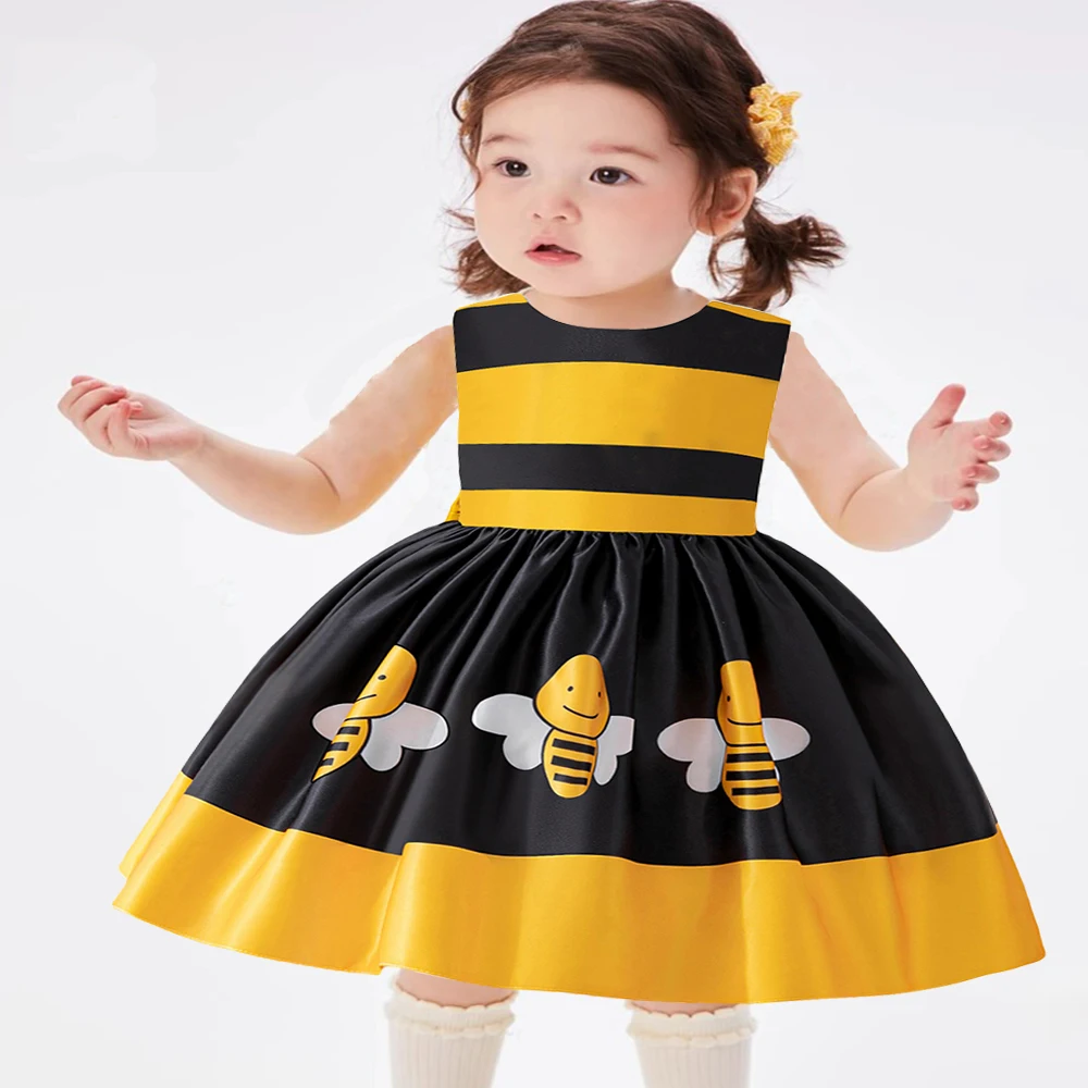 Cute Baby Honeybee Summer Tutu Dress For Girl Toddler Yellow Bee Line Costume bambini Bow Daily Holiday Clothes Infant Party Wear