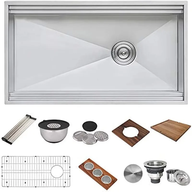 Fregadero de cocina con ranura para estación de trabajo de acero inoxidable debajo del mostrador con todos los accesorios