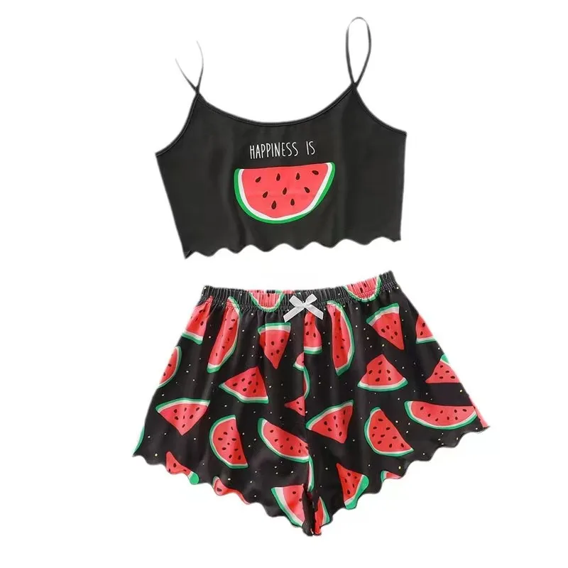 Women\'s Pajamas Set Sleepwear 2 PCS Short Tank Tops And Shorts S M L Black Ventilate Soft Casual Watermelon Printing