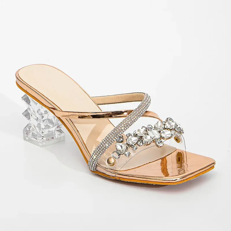 2024 New Women\'s Sandals Summer Fashion Square Head Rhinestone Transparent Thick Heel Slippers Female Sexy Wedding Party Sandals