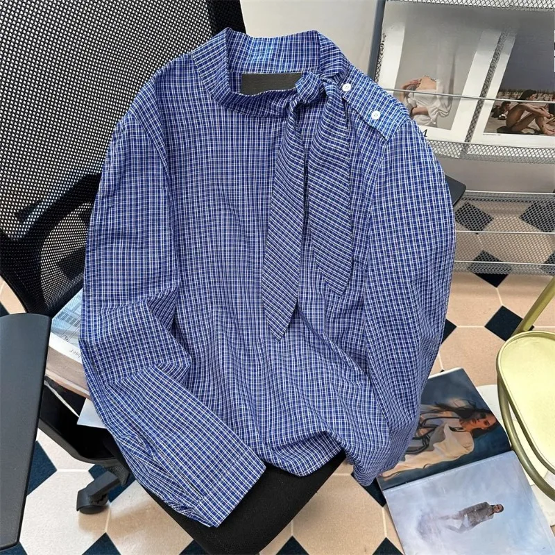 Ebaihui azul xadrez camisa feminina gravata design manga comprida topo estilo francês simples moda primavera outono roupas femininas