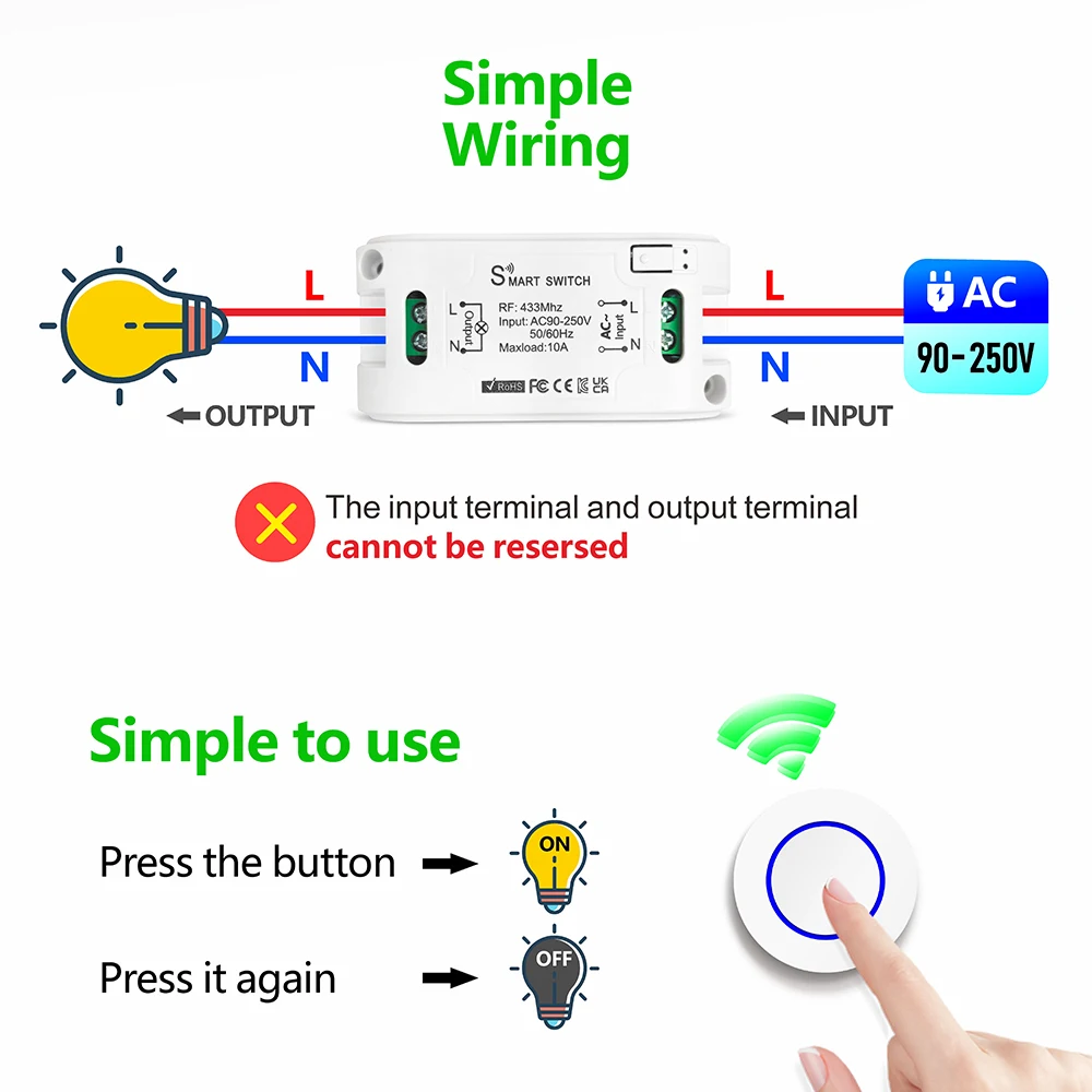 RF Wireless Remote Control Light Switch AC 110V 220V 10A 433MHz Mini Relay Module Mini Push Button Remote for Lamp Fan ON/OFF