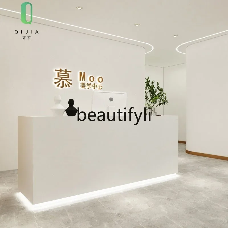 

zzqClothing Store Cashier Counter White Matte with Light Company Reception Front Desk Simple Beauty Salon Bar Customization