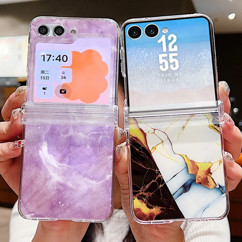 Gradient Marble Pattern Folding Phone Case For Samsung Galaxy Z Flip8 Flip7 FE Flip6 Flip 8 7 6 5 4 3 Clear Shockproof PC Cover