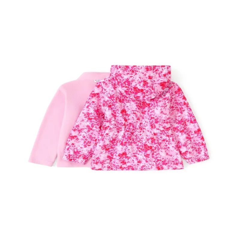 PatPat PatPat Girls' Pink Floral 3-in-1 Waterproof Jacket with Removable Fleece Jacket - Stylish Outerwear for Kids