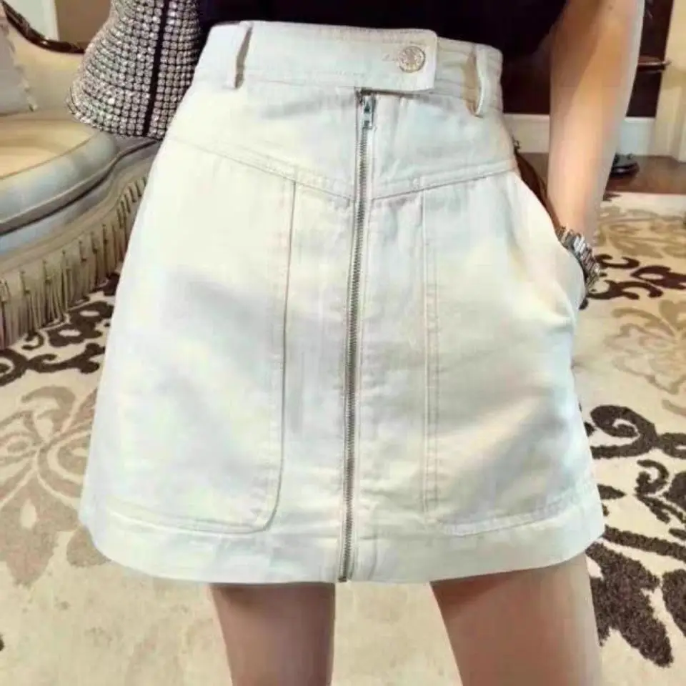 

American retro denim skirt, women's short skirt, summer 2024 high waisted anti glare spicy girl A-line hip hugging skirt