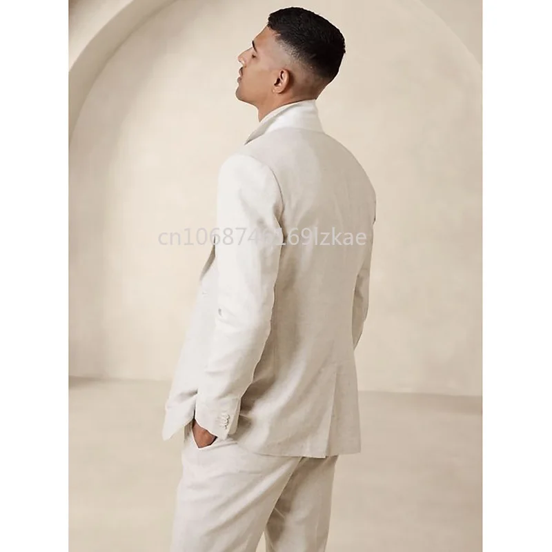 Beige Notch Lapel Single Breasted Men\'s Suits Slim Fit Wedding 2 Piece Jacket Pants Set Custom Made Terno Full Set Linen Suit
