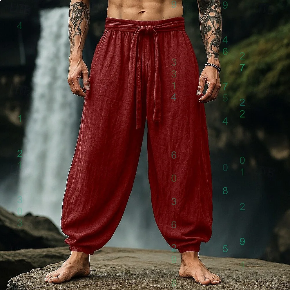 

Mens Cotton Linen Drawstring Lantern Pants Loose Casual Trousers Boho Linen Wide Leg Pants