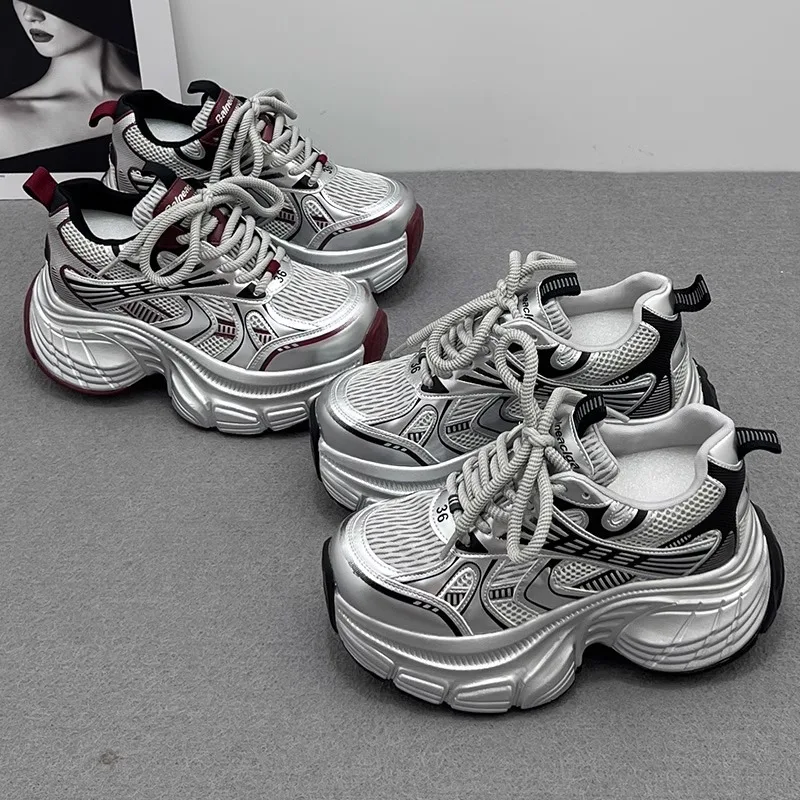 Women's Dad Shoes Thick Bottom Heightening Casual Sports Mesh Silver Spring Summer Small Size Cross Buckle Waterproof Platform