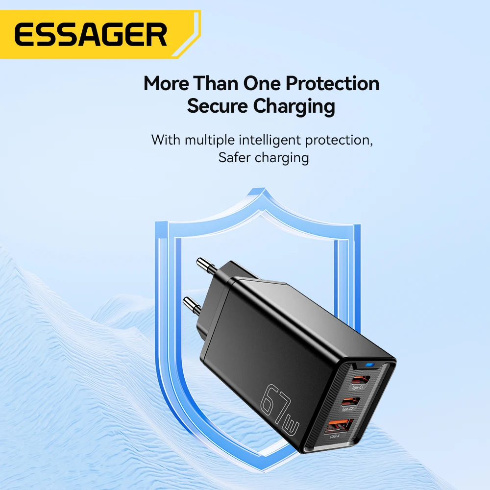 Essager 67W GaN USB Charger Quick Charge 3 Ports USB Type C Charger For IPhone 15 14 13 Macbook Laptop iPad Xioami Samsung S23