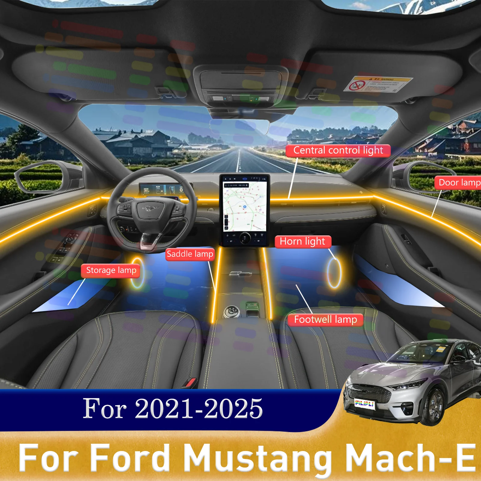 For Ford Mustang Mach-E smart Remote Control Car Interior Ambient Light RGB 64 Colors LED Secure-Snap Installation Set