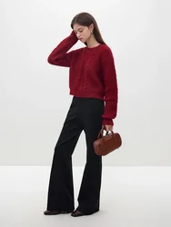 FSLE-suéter de punto de cuello redondo para mujer, Jersey corto y cómodo de color rojo, estilo informal, invierno, Año Nuevo, 2023