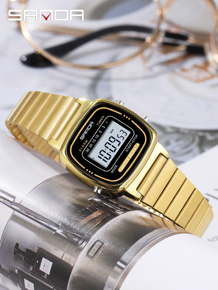 Sanda Frauen Gold klassische elektronische Uhr Mode weibliche elegante Luxus uhren lässige Damen wasserdichte Armbanduhr Réplica Lujo