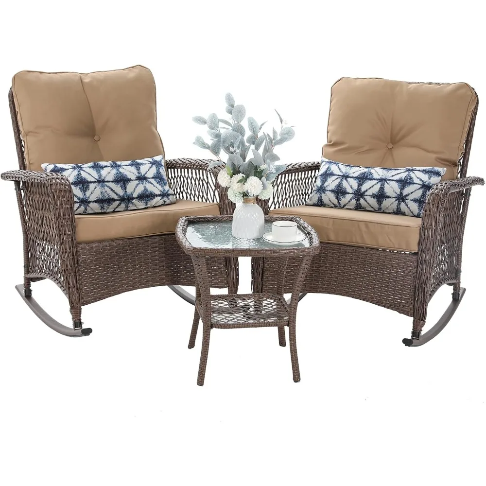 Patio Furniture Set 3 Pieces, Wicker Rocking Bistro Set with Thick Cushions, Outdoor Rocker Chairs and Coffee Table for Porch