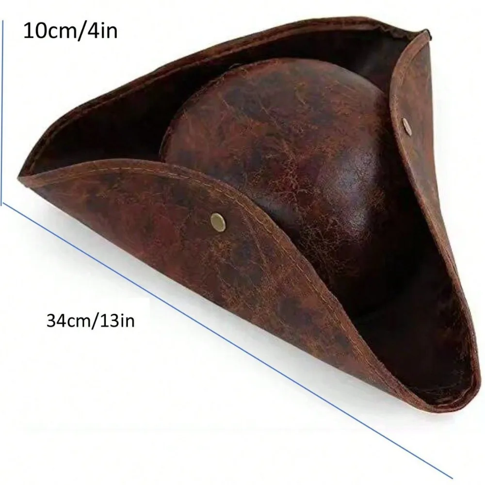PU Leather Halloween Pirate Hat Triangular Buttoning Design Captain Tricorn Hat Vintage Masquerade Party Cosplay Hat Performance