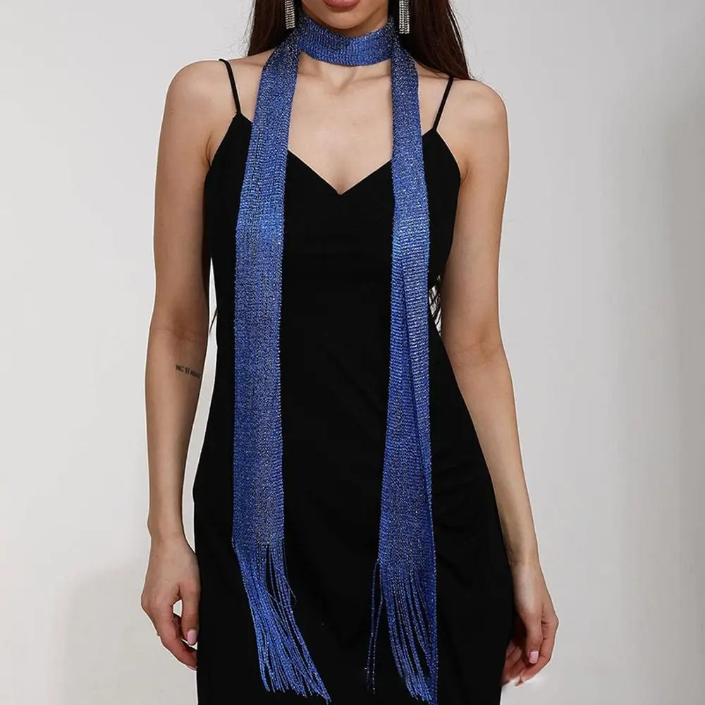 Fashion Nightclub Gold Silver Bright Silk Sunscreen Shawl Shiny Necklace For Women Lace Tassel Party Evening Dress Scarf