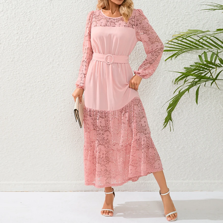 

Spring and Summer 2024 Women’s Dress Slim Elegant Sexy Lace French Lace Perspective Long Sleeve New Fashion Casual Solid Color