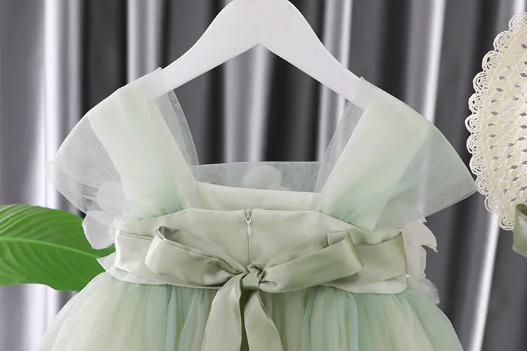 2pcs Toddler Girls Fashion Dress Hat Green 0-5Years Summer Girl Dress Children Flower Wear Princess Dress for Girls Kids Clothes