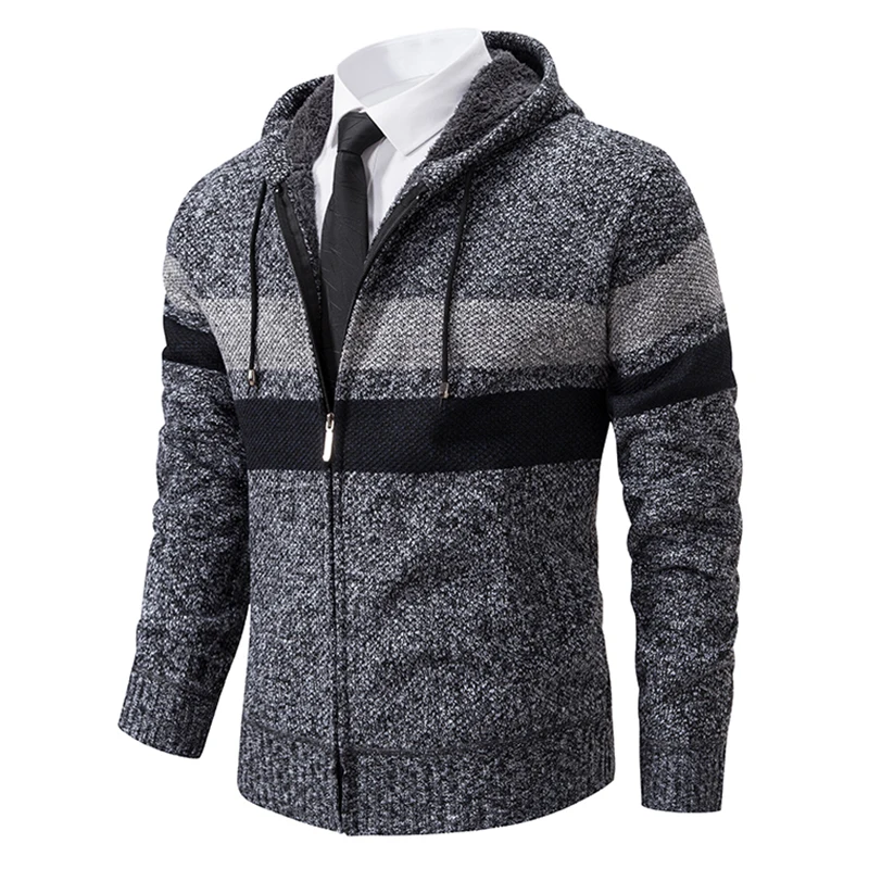 Maglione da uomo cardigan giacca in maglia con cerniera a righe in pile caldo maglioni con cappuccio cappotto da uomo casual da strada giacca da uomo maglione