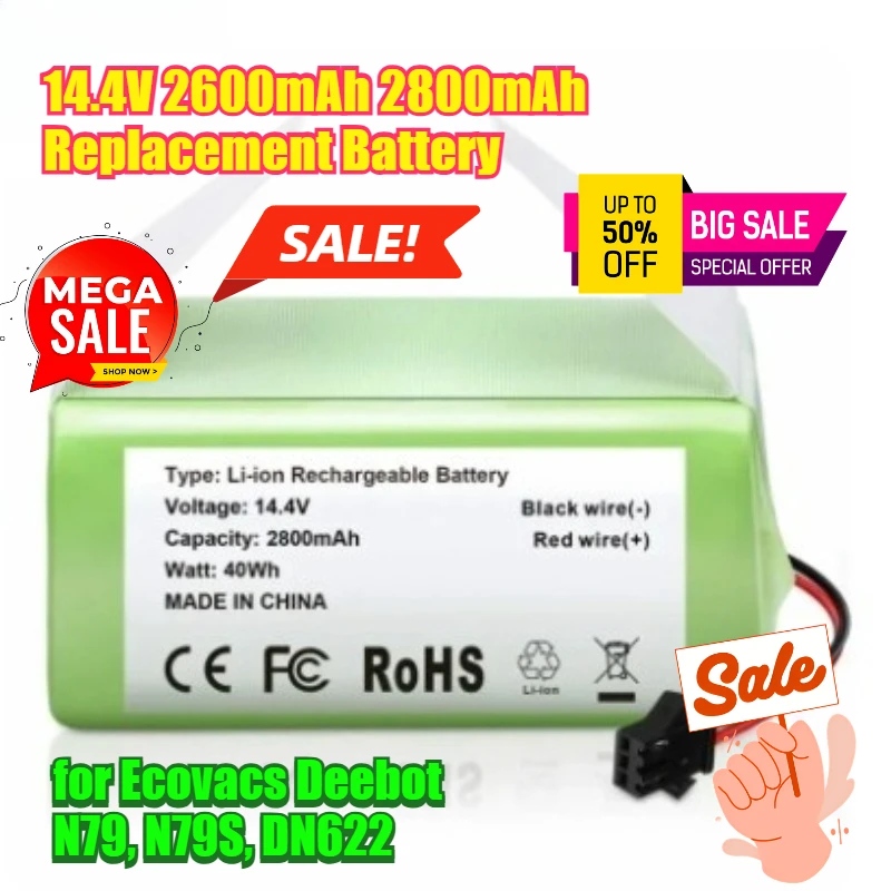 

14.4V 2600mAh 2800mAh for Ecovacs Deebot N79 N79S DN622 Replacement Battery