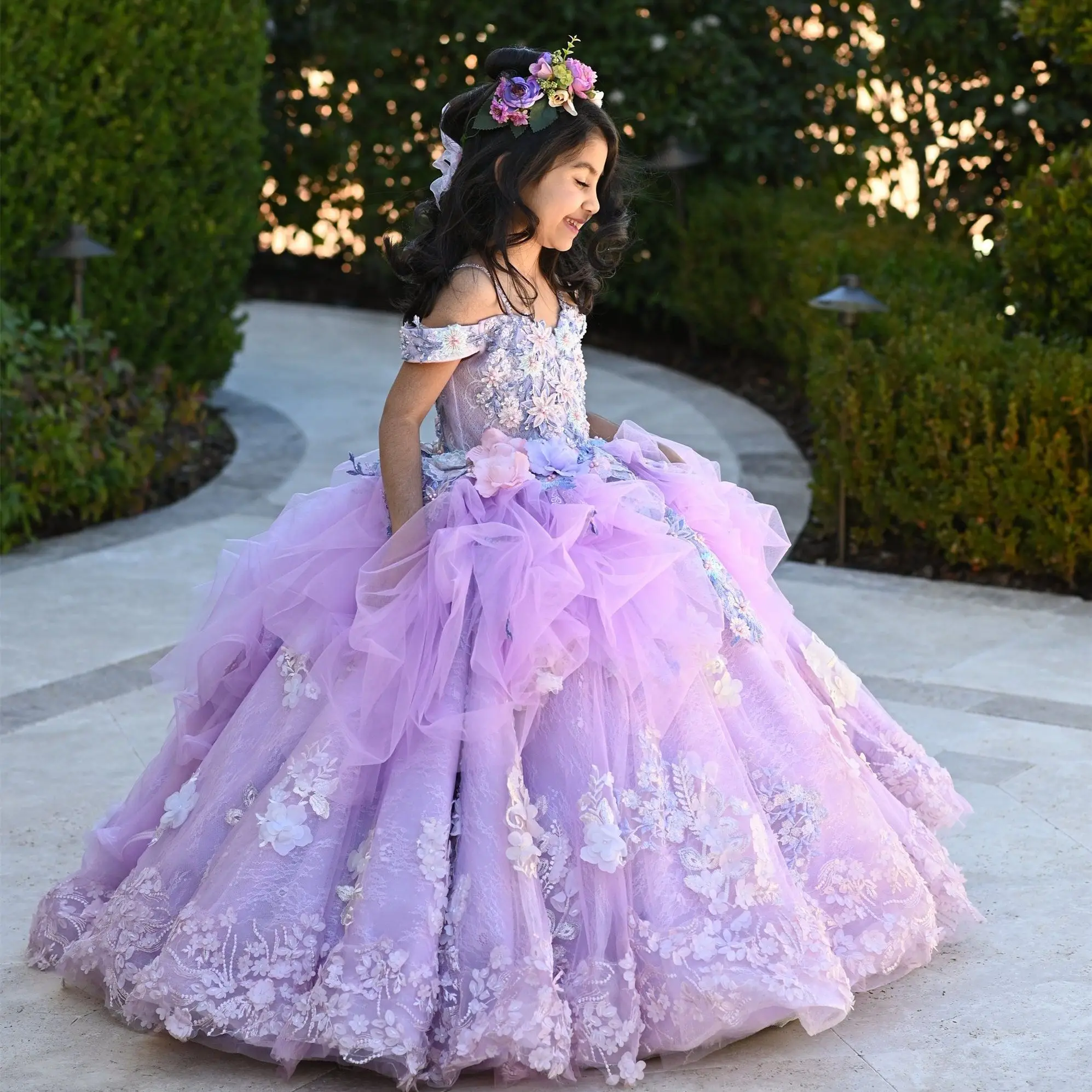 Lavender Flower Girl Dresses for Wedding 3D Floral Lace Appliques Floor Length Kids Birthday Party First Holy Communion Gowns