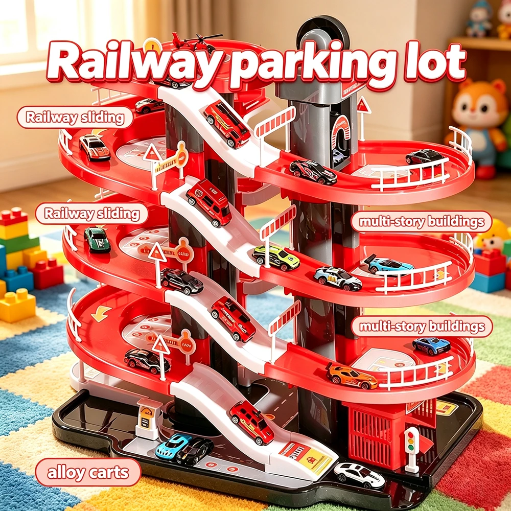 Multi Floor Lift Track Parking Garage Toy Fire Engine Themed Sliding Race Track DIY Assembly Car Parking Playset Birthday Gift