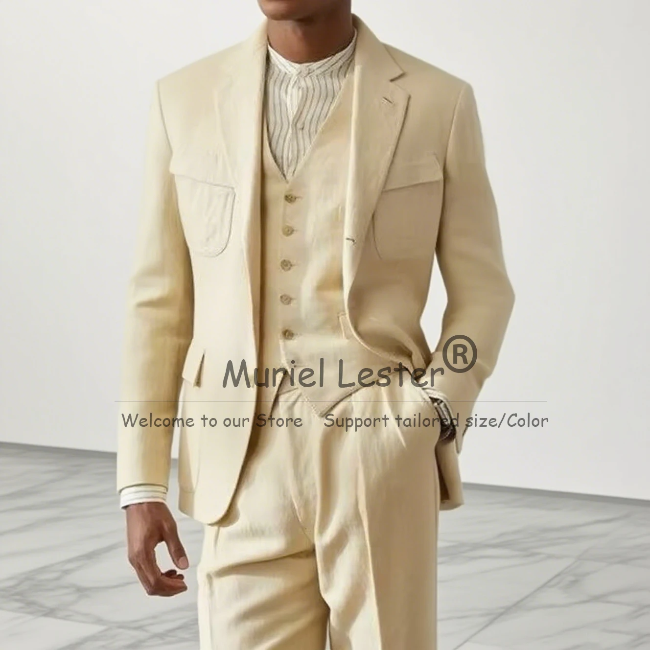 

Элегантные льняные костюмы для мужчин, комплекты из 3 предметов, пиджаки для выпускного вечера в стиле сафари, летние пляжные смокинги для жениха, костюм homme 2026