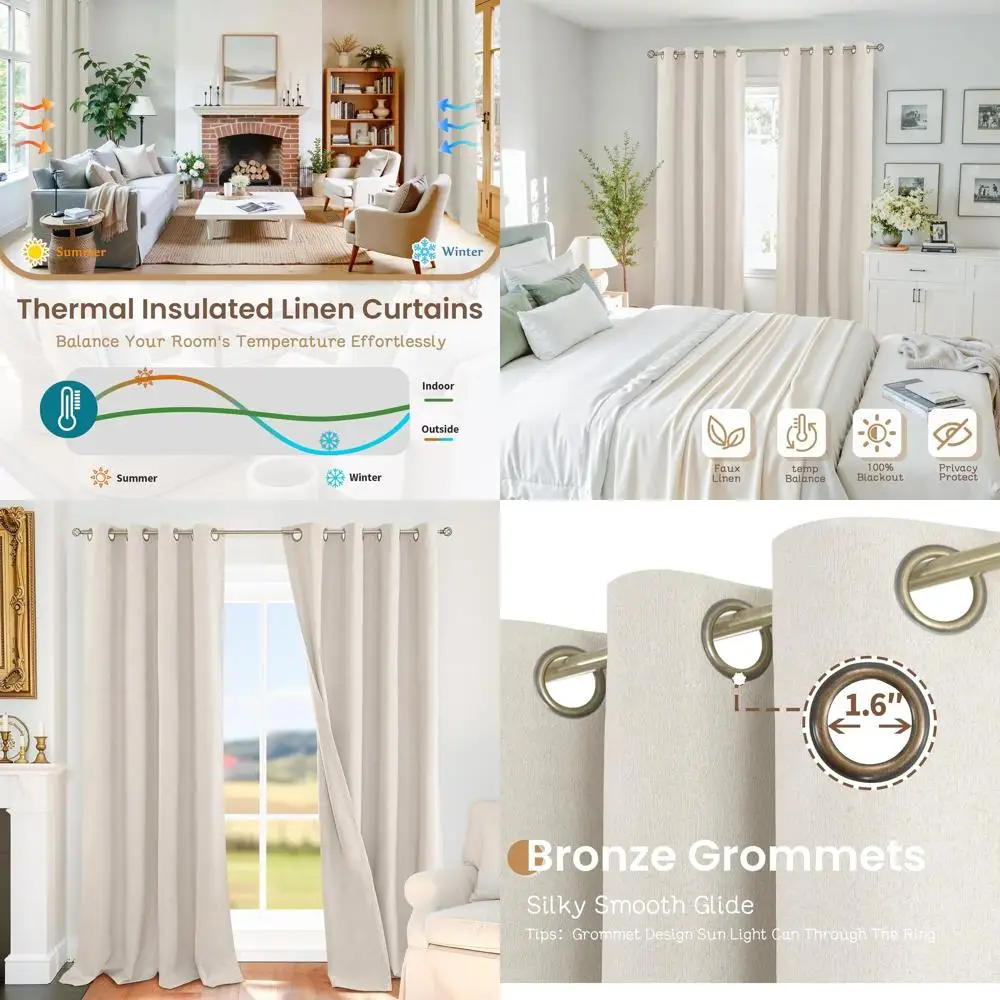 

Термоизолирующие светонепроницаемые шторы с льняной текстурой, светло-бежевые, 52x96 дюймов, комплект из 2 панелей для гостиной