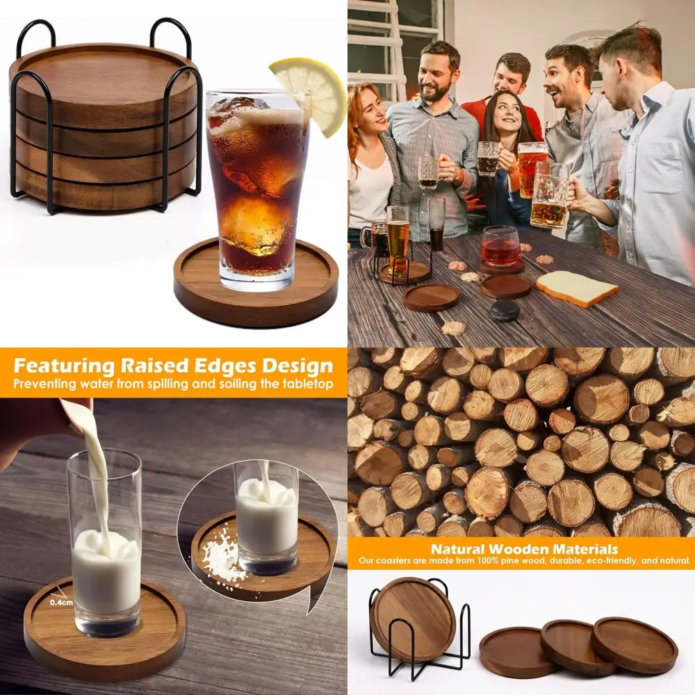 

4 pcs wood coasters for drinks absorbent, wooden coasters with holder, drink coasters for coffee table, absorbent coaster set fo