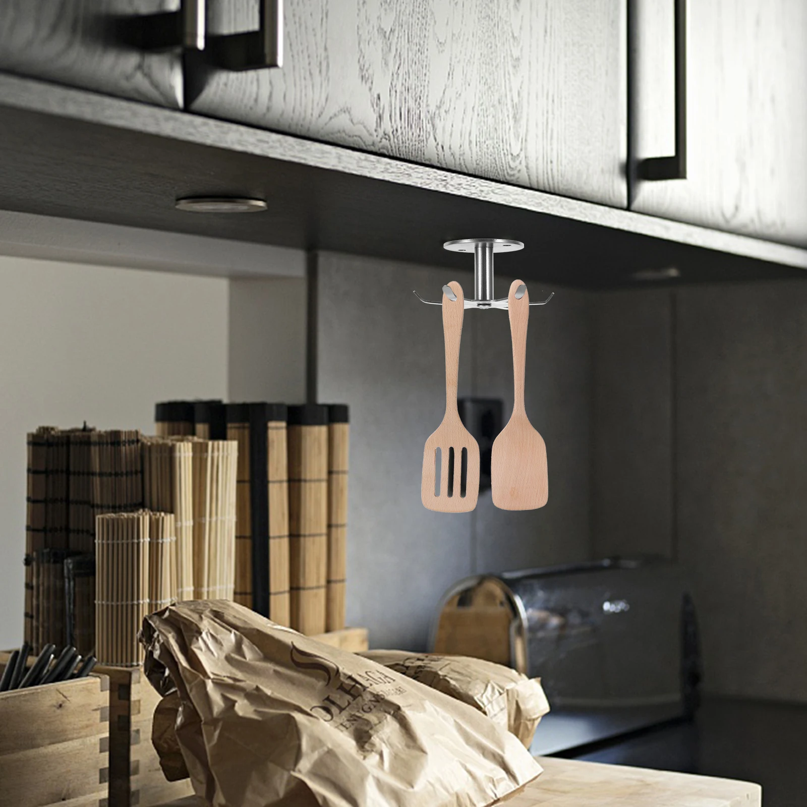 

Stainless Steel Rotating Kitchen Utensil Hooks Under Cabinet Space Saving Multi Functional Hangers
