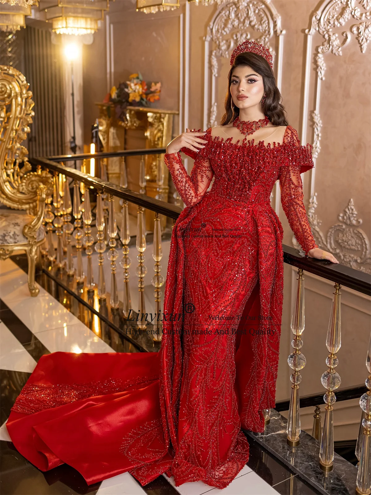 Dubai Mermaid Prom Dresses Glitter Sequin Diamond Evening Gown Customized Aso Ebi Off Shoulder Wedding Party فساتين سهر