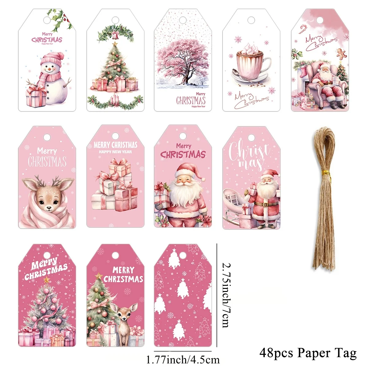 48Pcs Christmas Hanging Tags Pink Series Santa Claus Deer Paper Labels For Merry Xmas Party Decor DIY Gifts Wrapping Supplies