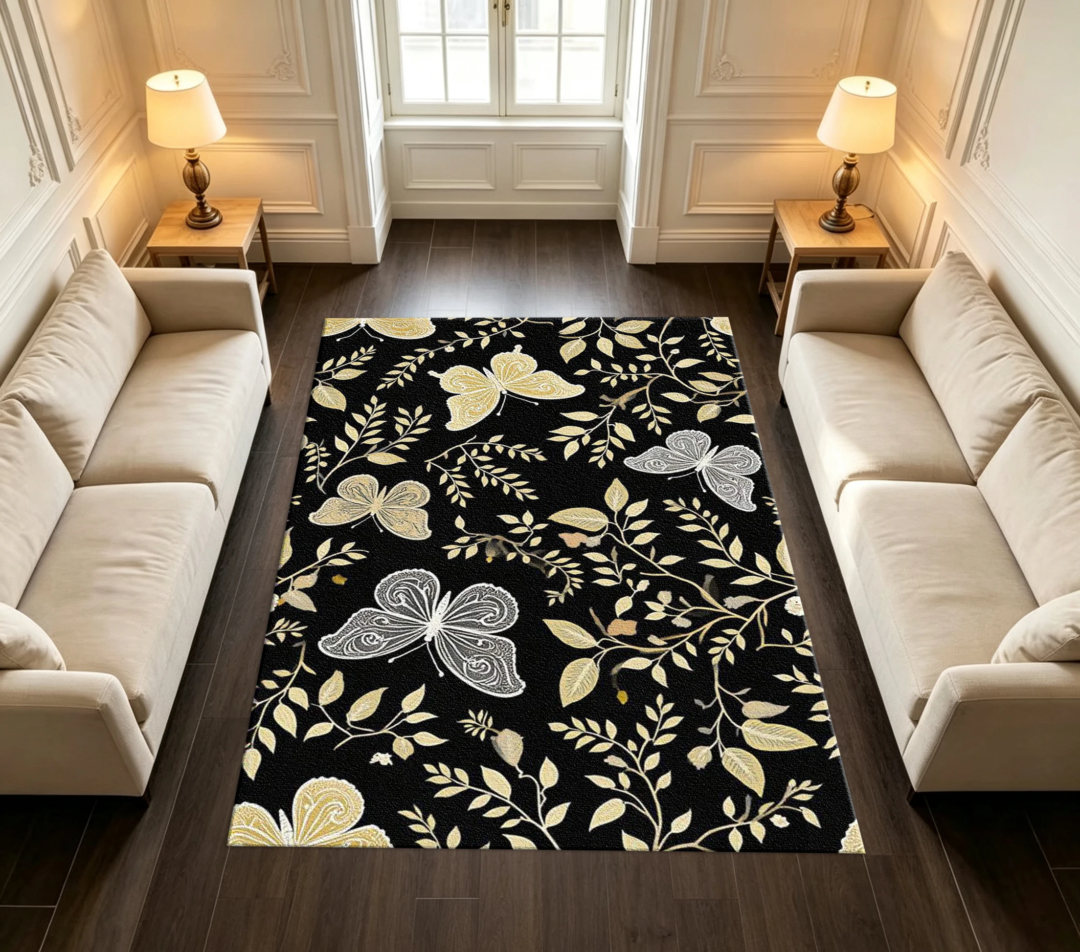 Black Gold White Butterfly Leaf Print Carpet Elegant Retro Style Indoor Home Floor Carpet