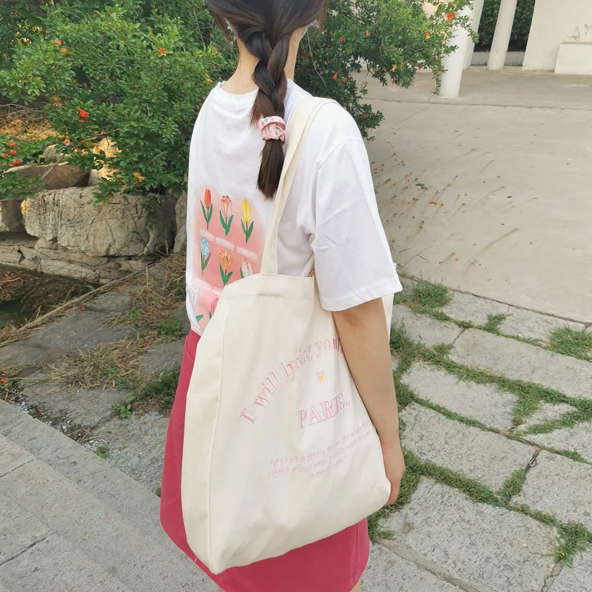 1 Piece Sweet Pink White Color Tote Bags for Girl Korean Fashion Canvas Embroidery Shoulder Bag High Capacity Women Handbag