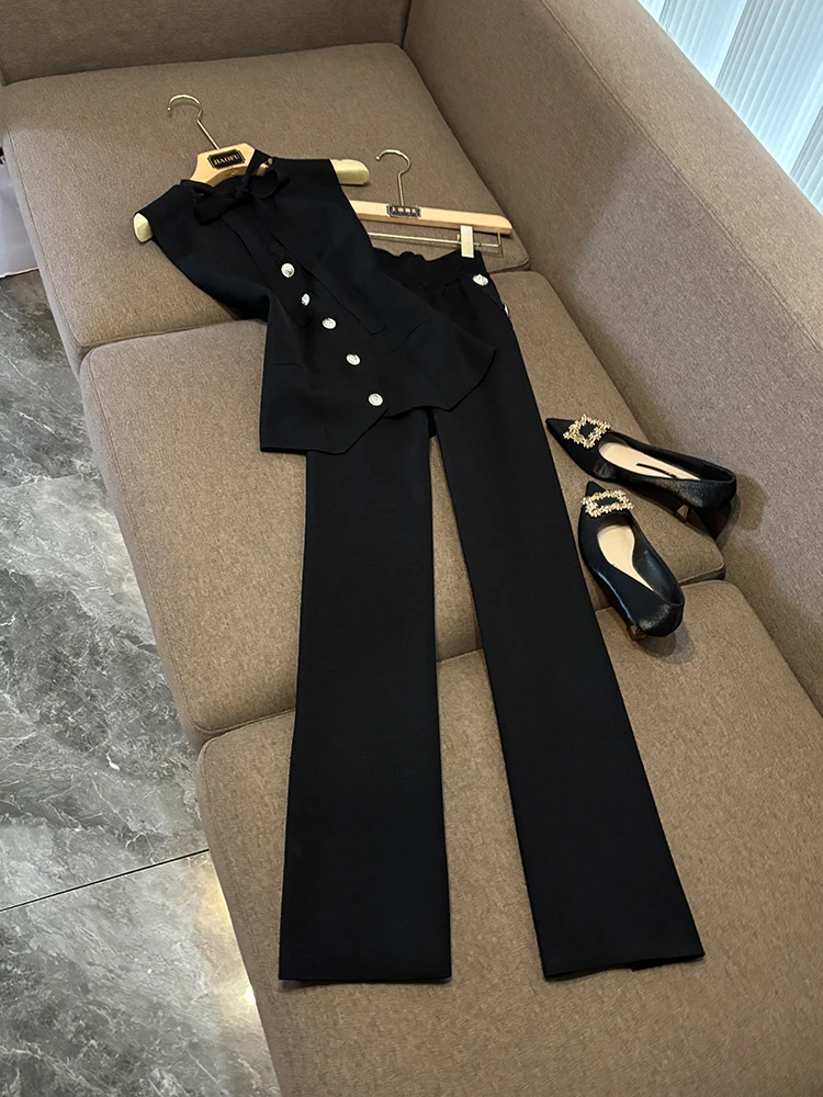 

Осень-зима, кружевная отделка, V-образный вырез, пояс, брюки с открытыми пуговицами, модный женский комплект нового дизайна