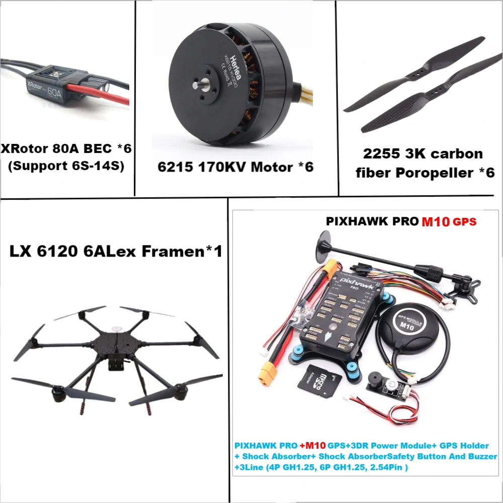 Lx6120 pixhawk pro m10 fibra de carbono completa 1200mm hexa-rotor quadro x-rotor 80a esc px4 conjunto de controle de vôo 6215 motor