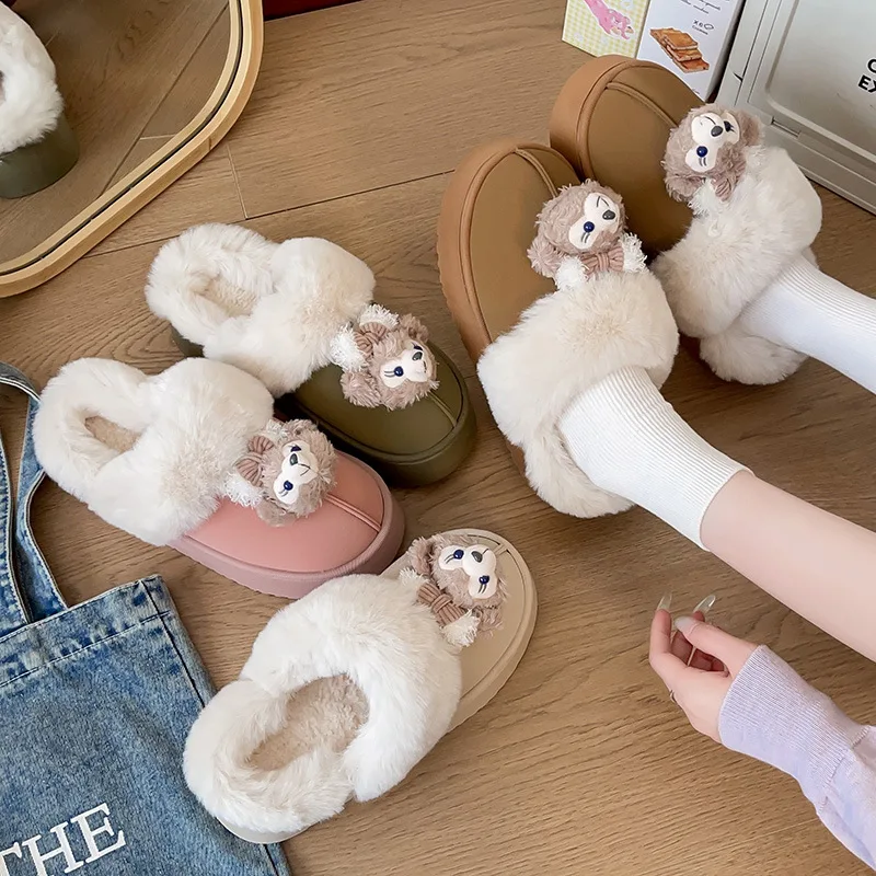 

ids'Slippers Plush Bear Fluffy Suede Flat Winter Shoes For Children Anti-slip Thick Bottom Home Slipper Pink White Size 36-41