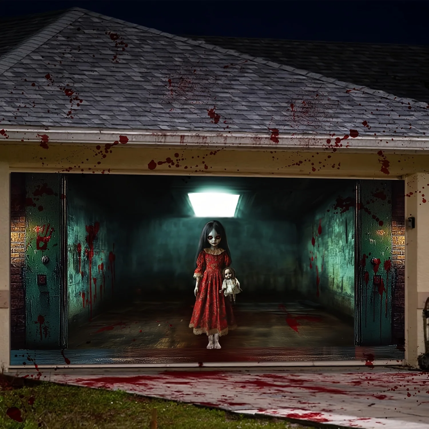 لافتة باب جراج كبيرة للهالوين - تصميم لفتاة دمية إيري معلق لخلفية رذاذ الدم، بوليستر متين #6