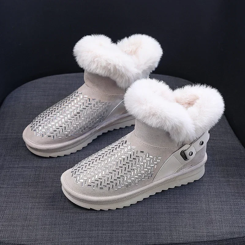 Dames Snowboots Platform Dikke Ronde Neus Strass Zwarte Enkelschoenen Voor Dames Laarsjes Elegant Met Lage Hakken Gothic Op Slip