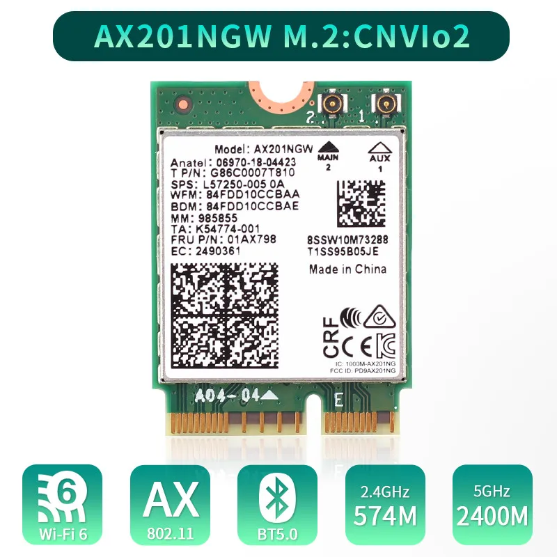 Dual Band 2.4Gbps Wireless Adapter For AX201 Desktop Kit 802.11ac/ax M.2 Key E CNVIo2 Wifi 6 Bluetooth 5.0 Network Card